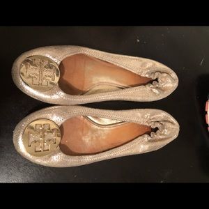 Gold Tory Burch Minnie Travel Ballet w/ Metal Logo